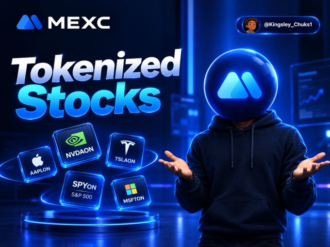 A MEXC promotional graphic for Tokenized Stocks featuring the MEXC logo, handles for AAPLON (Apple), NVDAON, TSLAON, SPYON (S&P 500), and MSFTON, with a hooded figure beside the MEXC mascot.