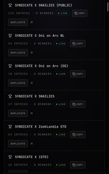 Dark-themed interface listing multiple live syndicate entries such as 'SYNDICATE X SNAILIES (PUBLIC)' with 115 entries and 0 winners, each with copy/duplicate options.