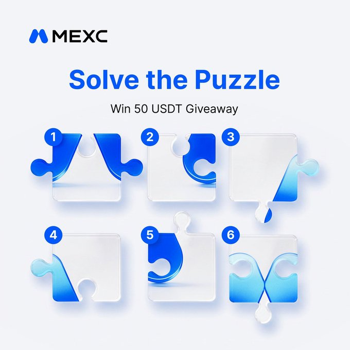 A MEXC-branded puzzle image features six numbered jigsaw pieces arranged in two rows, with pieces 1, 2, 3, and 5 containing fragments of what appears to be the MEXC logo in blue, inviting participants to solve the puzzle for a chance to win 50 USDT in a giveaway.