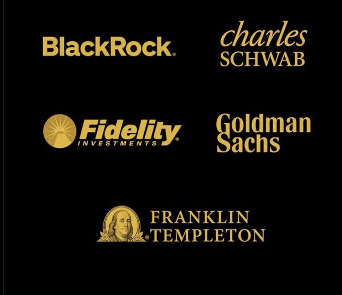 A black graphic displaying five major financial company logos in gold: BlackRock, Charles Schwab, Fidelity Investments, Goldman Sachs, and Franklin Templeton.