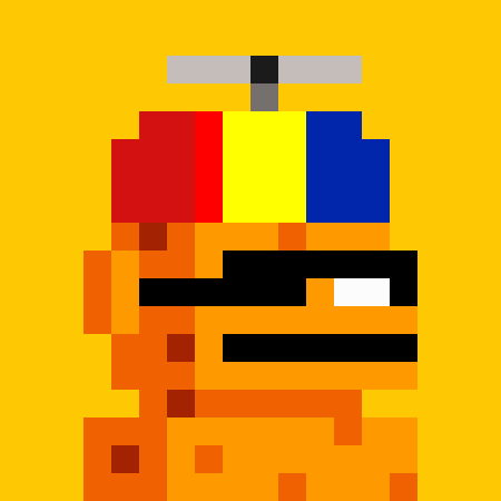 A pixel art image of an orange character wearing sunglasses, a propeller hat, and red, yellow, and blue colors on a yellow background.