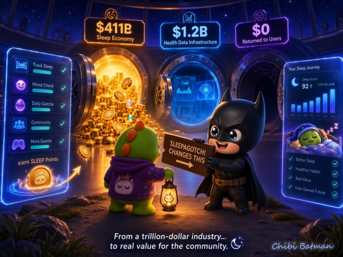 A promotional graphic titled 'SLEEPAGOTCHI CHANGES THIS' features chibi-style Batman and a green creature holding a sign, with text including '$411B Sleep Economy', '$1.2B Health Data Infrastructure', and '$0 Returned to Users', captioned 'From a trillion-dollar industry... to real value for the community.'