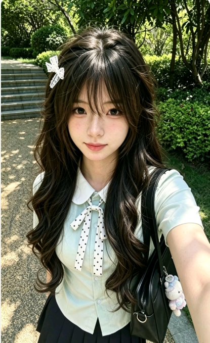 A photo of a young woman with long wavy brown hair and a white bow clip, wearing a light blue short-sleeved collared shirt with a polka-dot ribbon and a black pleated skirt, posing outdoors.