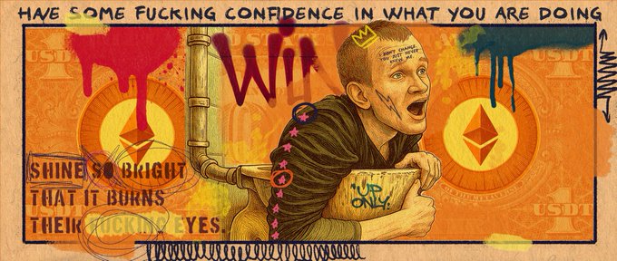 A gritty illustration depicts an agitated man labeled "EVERYFUCKING DAY LEARN SOMETHING NEW" leaning on a bucket marked "UP ONLY," set against an orange background featuring Ethereum (ETH) logos, USDC and USDT tickers, and graffiti-style text reading "HAVE SOME FUCKING CONFIDENCE IN WHAT YOU ARE DOING" and "SHINE SO BRIGHT THAT IT BURNS THEIR FUCKING EYES." The image's defiant "have some confidence" message directly echoes the post's GM rallying cry encouraging resilience and optimism in the Ethereum NFT community.