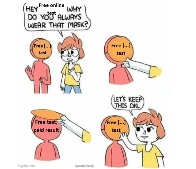 The image features a cartoon depiction of two people, one wearing a yellow shirt and the other wearing an orange shirt, with their heads cut off by a pair of scissors. The caption below the image reads "Free test ... wear that mask", which is related to the concept of online testing in the current times.