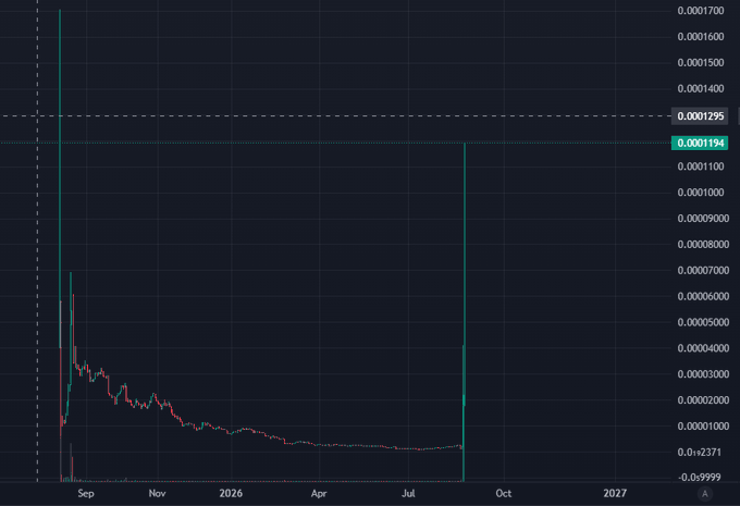 A cryptocurrency price chart on a dark background displaying a sharp decline from a peak value of 0.0001295 down to 0.0001194 between September and August 2026.