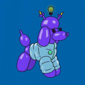 A cartoon illustration depicts a purple balloon-style dog character wearing white astronaut pants with a green logo, featuring a lightbulb on its head and lightning bolt antennae against a blue background.