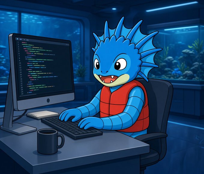 An illustration of a blue anthropomorphic axolotl wearing a red puffer vest, typing code at a computer desk with an aquarium visible in the background.