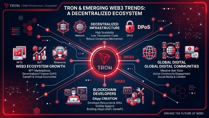 The image is an infographic titled "TRON & EMERGING WEB3 TRENDS: A DECENTRALIZED ECOSYSTEM," which visually represents TRON's role in supporting Web3 development through four key pillars: decentralized infrastructure (featuring DPoS, high scalability, low transaction costs, and robust consensus), Web3 ecosystem growth (NFTs, DeFi, Metaverse, GameFi), global digital communities, and blockchain developer resources for dApp creation. The graphic's interconnected web design and "DRIVING THE FUTURE OF WEB3" tagline directly reinforce the post's message about TRON's adaptable infrastructure empowering developers to explore emerging technologies and build innovative Web3 applications.