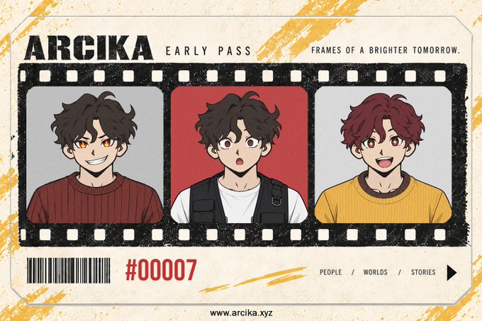 An 'ARCIKA EARLY PASS' graphic styled like a film strip showing three expressions of a brown-haired anime character, with the text 'FRAMES OF A BRIGHTER TOMORROW' and ticket number #00007.