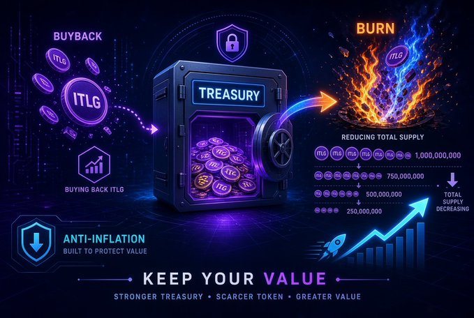 A crypto infographic explaining the ITLG token's anti-inflation strategy, showing a treasury buying back ITLG coins and burning them to reduce total supply from 1,000,000,000 down to 250,000,000, with the tagline 'KEEP YOUR VALUE'.