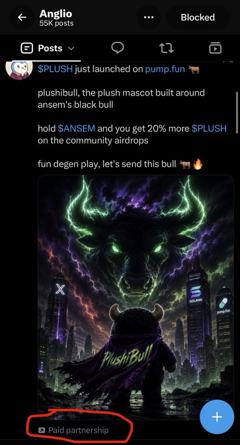 A mobile screenshot of an account named 'Anglio' (55K posts, marked Blocked) showing a post about '$PLUSH just launched on pump.fun', describing 'plushibull, the plush mascot built around ansem's black bull', with a 'Paid partnership' label circled in red at the bottom.