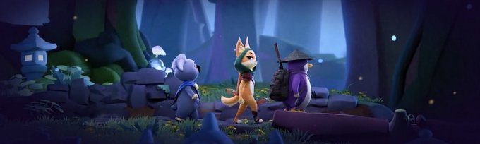The image features three cartoon characters - a cat dressed as a dragon, a penguin with a hat, and a monkey wearing a backpack - walking together through a forest at night. The characters are positioned next to each other, creating an interesting scene that captures viewers' attention. The post about the characters is titled "i'm still playing @sleepagotchi on telegram. just upgraded my cards to new levels. i’ve got a few heroes and some legendary cards now, i’m trying to be more active there. need to grind more for $SLEEP." This suggests that the post might be related to a gaming or streaming channel where these characters are popular among viewers.