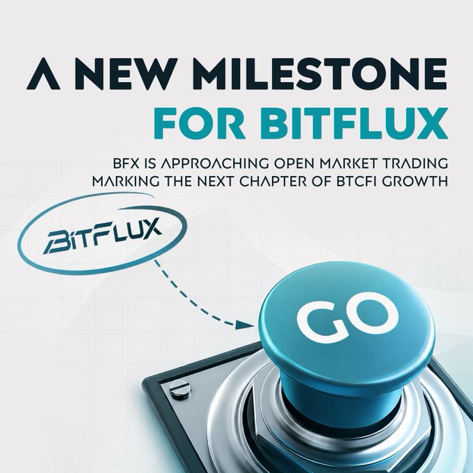 The image shows a blue button with a white number "8" sitting on top of a silver disc that has the words "BFX Trading is approaching." The backdrop features a light blue and black color scheme, which includes a drawing of a graph. At the bottom of this image, there is text that reads: "A new milestone for BFX".