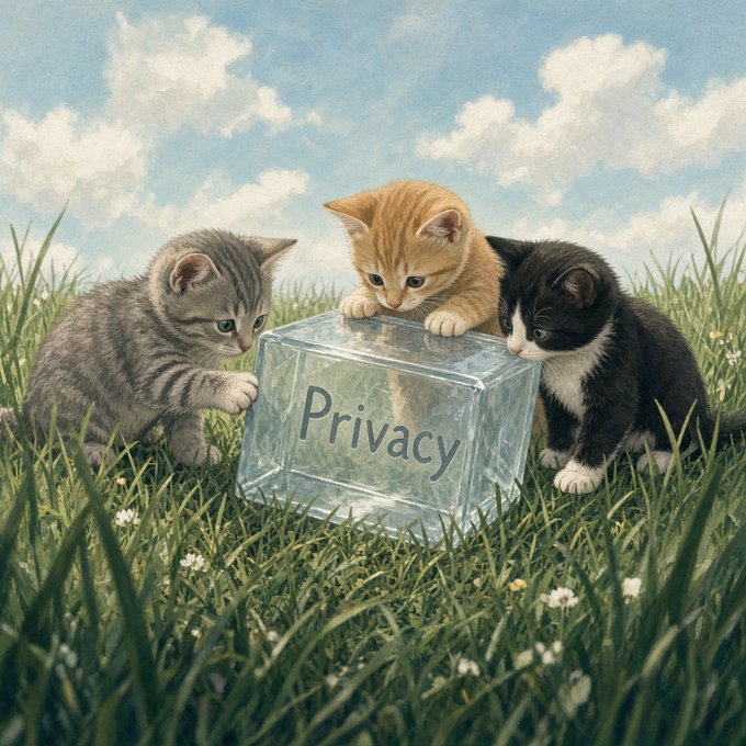 A pastel illustration of three kittens in a grassy field curiously examining a glass box labeled "Privacy".