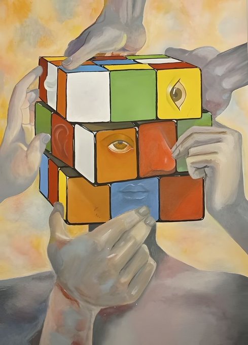 A painted figure with a Rubik's cube for a head, displaying eyes, nose, and lips on its colored squares, being held by multiple hands.