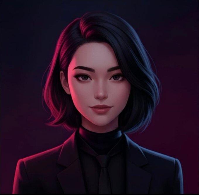 A stylized digital portrait of a woman with a short black bob haircut wearing a dark suit and tie, illuminated by red and blue lighting against a dark background.