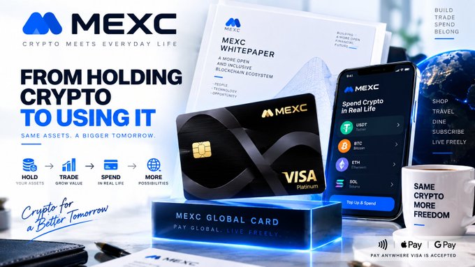 A promotional graphic for MEXC highlights their 'MEXC Global Card' Visa Platinum, transitioning 'FROM HOLDING CRYPTO TO USING IT' with a whitepaper and app shown.