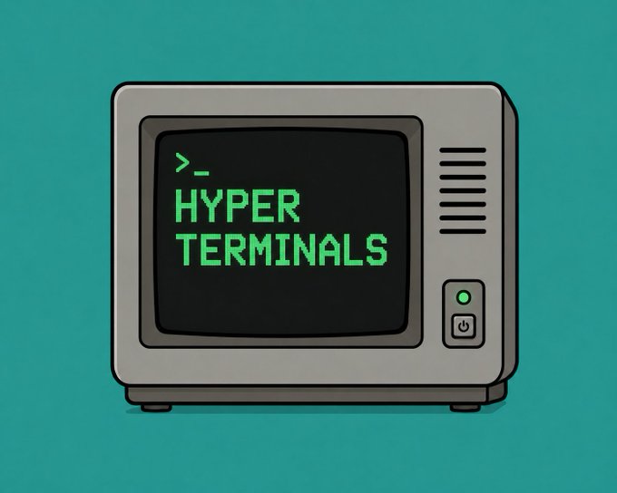 An illustration of a vintage CRT computer monitor displaying green pixelated text reading ">_ HYPER TERMINALS" on a teal background.