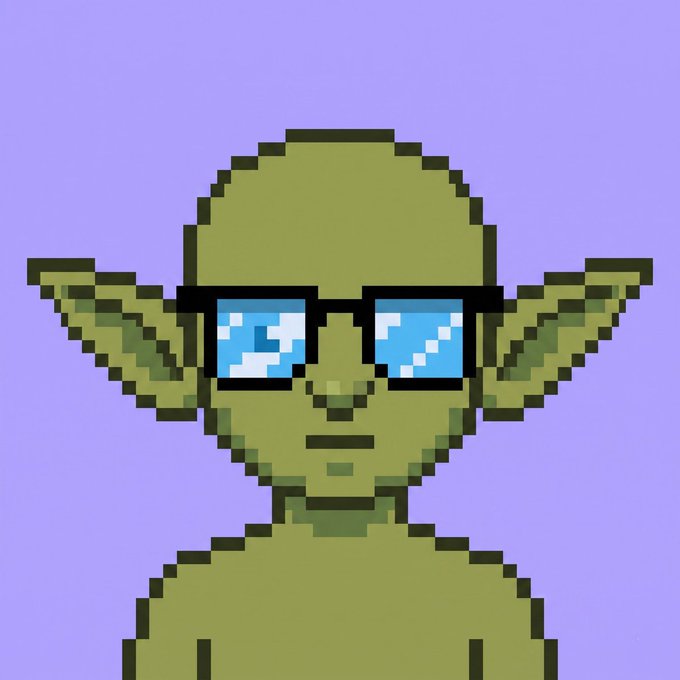 The image shows a pixel-art portrait of a character resembling Yoda wearing glasses with reflective lenses, set against a purple background. It appears to be a portrait-style honorary illustration for a user named 0xWhyNotOwen.