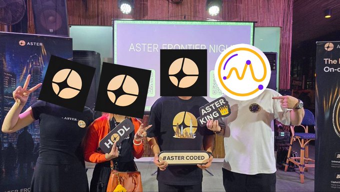 Four people posing at an 'ASTER FRONTIER NIGHT' event, their faces obscured by icons, with one person holding a '#ASTER CODED' sign.