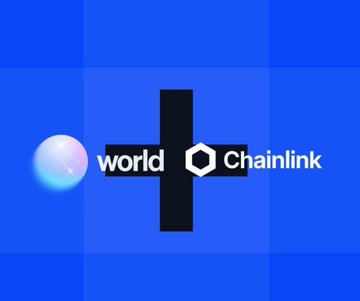 A blue graphic showing the Worldcoin logo paired with the Chainlink logo separated by a black plus sign.