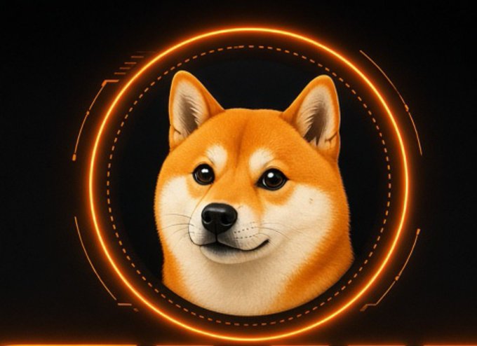 A Shiba Inu dog's face is centered within glowing orange circular HUD-style rings against a black background.