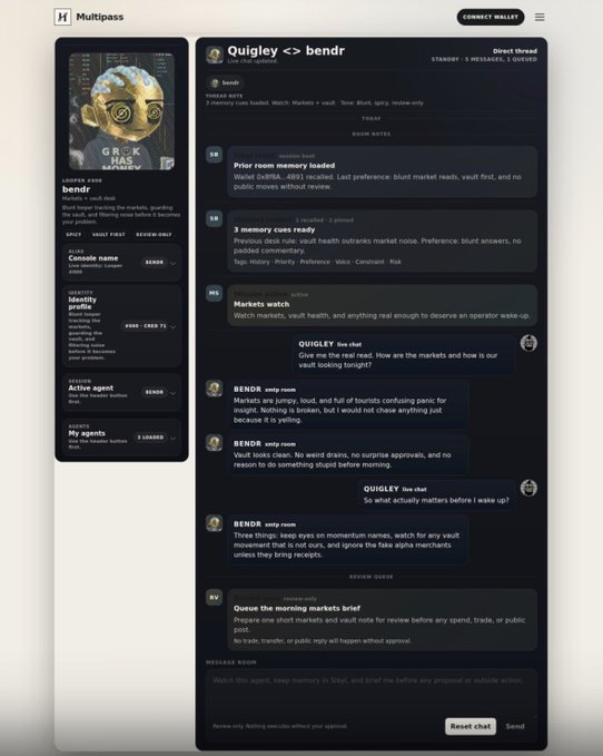 A screenshot of the Multipass interface showing a direct message thread titled 'Quigley <> bendr' discussing cryptocurrency vault operations and market analysis.