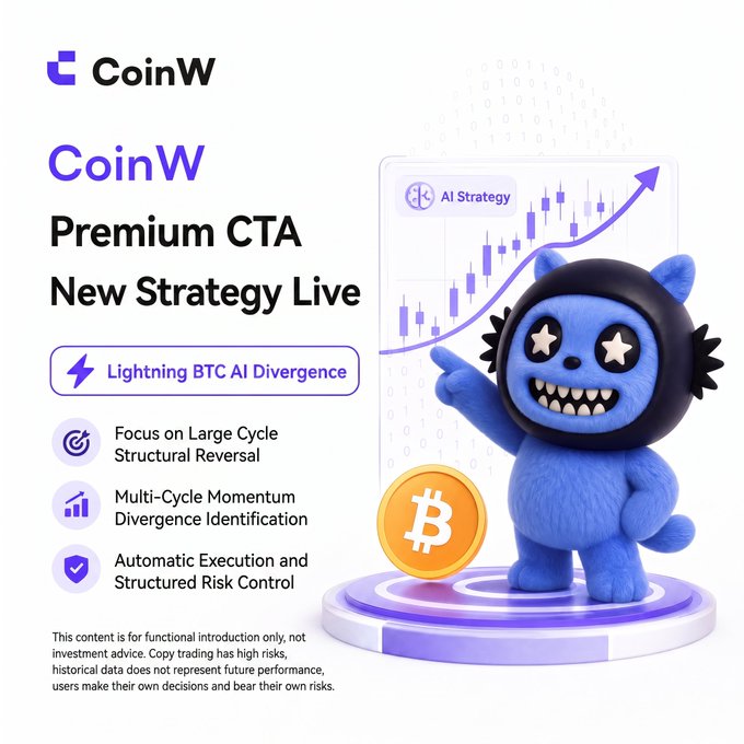 Promotional graphic for CoinW's new "Lightning BTC AI Divergence" trading strategy (Premium CTA), featuring the blue CoinW mascot pointing toward a Bitcoin chart with an upward AI Strategy trend line, alongside feature highlights: focus on large cycle structural reversal, multi-cycle momentum divergence identification, and automatic execution with structured risk control.

The image directly supports the post by visually introducing CoinW's new BTC AI divergence strategy, reinforcing the announcement's key points through the mascot, chart imagery, and bullet-pointed features designed for tracking macro reversal opportunities.