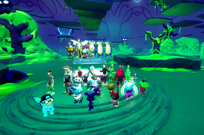 A screenshot from a video game showing various cartoon-style avatars gathered in a circular platform within a green-tinted, alien-like environment.