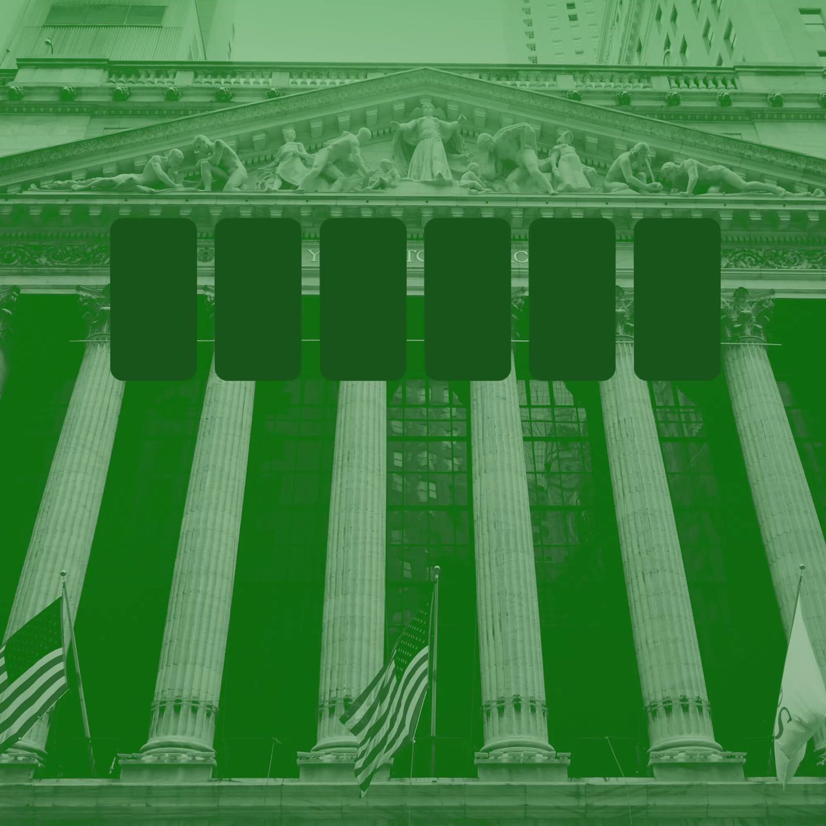 The image features a green building with columns and a statue of a woman holding a shield. There are five blank squares above the columns, which could be used for displaying information or advertisements. In the background, there are flags flying from the top left corner of the photo, adding visual interest to the scene. The main focus is on the building's facade and the empty spaces above it.