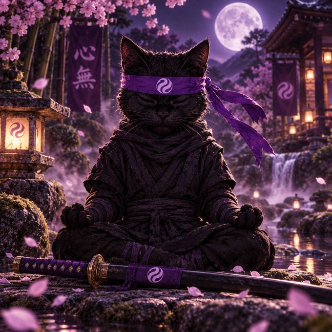 A digital artwork depicts a black cat dressed as a ninja, wearing a purple headband and robes, meditating peacefully with a katana resting in front of it against a moonlit backdrop with cherry blossoms.