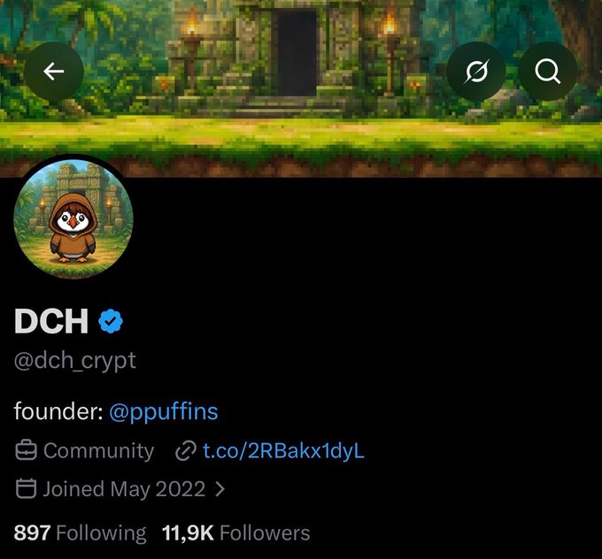 A Twitter/X profile for 'DCH' (@dch_crypt), founded by '@ppuffins', showing a pixel-art hooded character avatar, joined May 2022, with 897 Following and 11.9K Followers.