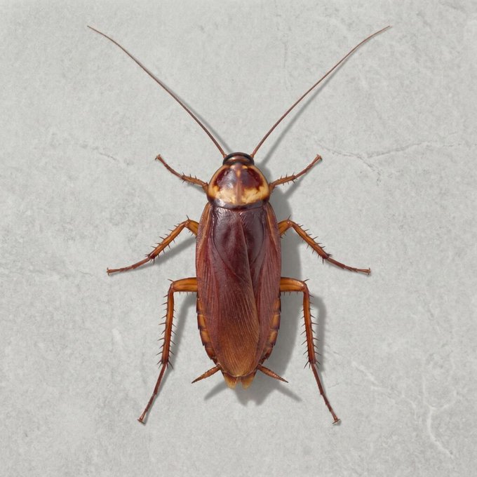 A close-up photograph of a large brown cockroach with long antennae positioned on a light gray surface.