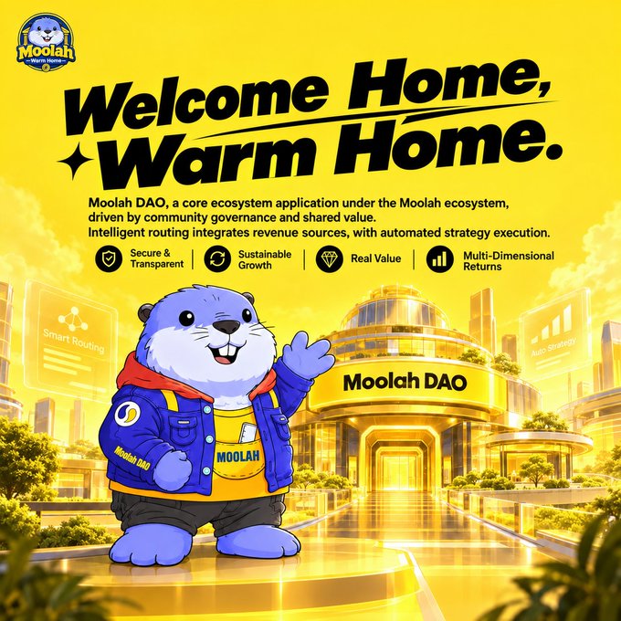 A cheerful cartoon mascot in a Moolah-branded jacket waves in front of a futuristic golden "Moolah DAO" building, promoting the tagline "Welcome Home, Warm Home." The image aligns with the post by visually emphasizing community, security, and multi-dimensional rewards through its bright, welcoming design and icons highlighting Secure & Transparent, Sustainable Growth, Real Value, and Multi-Dimensional Returns.