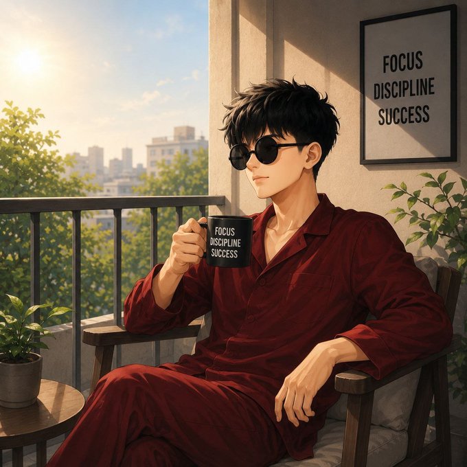 An anime-style digital illustration of a dark-haired man wearing sunglasses and red pajamas, relaxing on a balcony with a city view while holding a black mug that reads 'FOCUS DISCIPLINE SUCCESS', matching the text on a framed poster on the wall behind him.