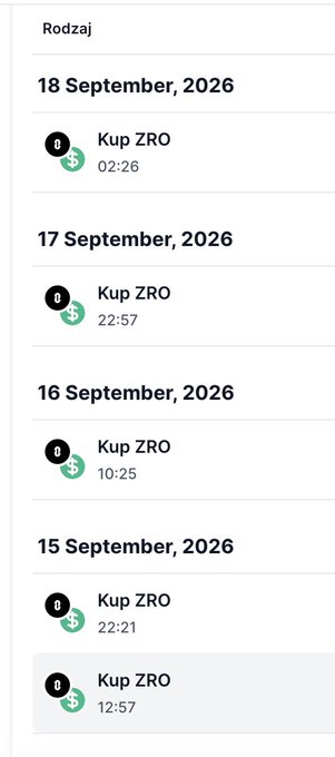 A mobile app transaction history screen in Polish showing a series of 'Kup ZRO' (Buy ZRO) purchases dated from 15 September, 2026 to 18 September, 2026, each marked with a green dollar sign icon.