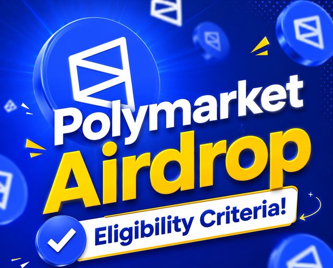 The image features a blue background with white text that reads "Polymarket Airdrop Eligibility Criteria!". The text is surrounded by small circles, which are blue polymarks. These circles are scattered throughout the image, creating an interesting visual effect. The text and circles appear to be floating in the air, giving the impression of movement or a sense of dynamism.