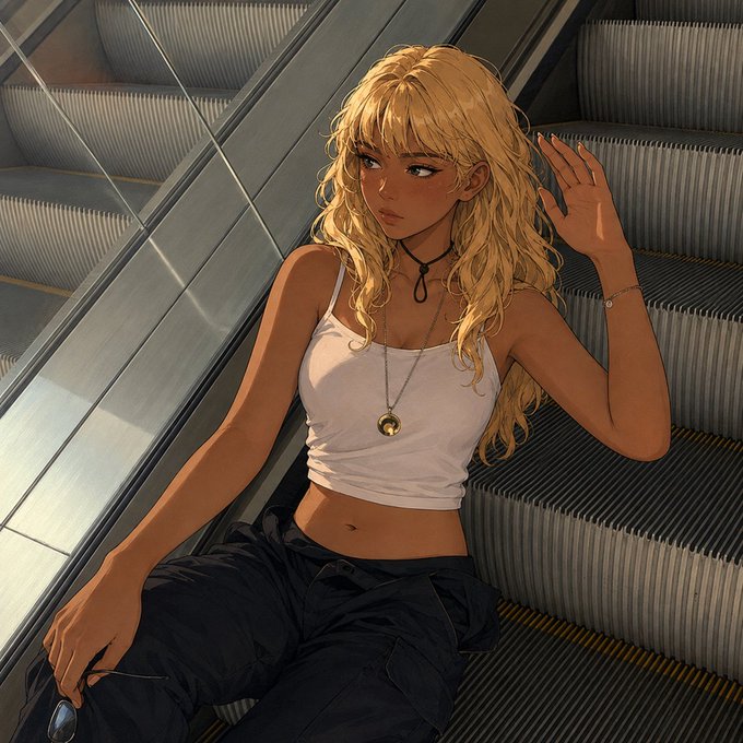 An anime-style illustration of a blonde woman in a white tank top and dark pants sitting on an escalator, wearing a pendant necklace.
