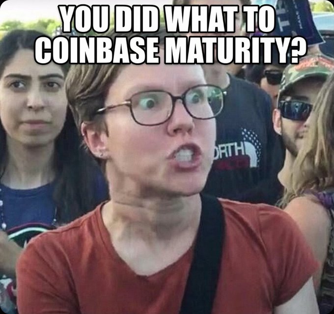 A woman with wide eyes and an exasperated expression is shown at what appears to be a concert, with the caption "YOU DID WHAT TO COINBASE MATURITY?" overlaid in bold white text—humorously depicting her shocked reaction to Bitcoin's surging price amid the post's celebration of crypto gains over traditional finance.