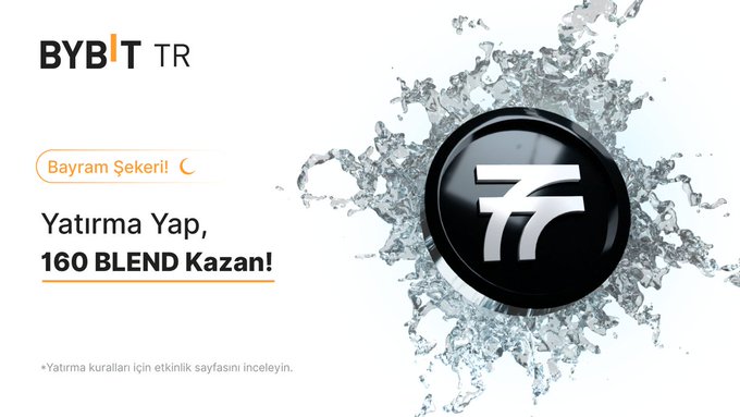 The image features a black and white logo for Bybit TR, which is an online payment platform. The logo includes a water droplet surrounded by bubbles, symbolizing the digital nature of the platform. Below the logo, there's text that reads "Bybit TR Bayram Şekeri c 160 $BLEND Kazanmak için 100 USDT Değerinde Yatırma Yap!" This message is in Turkish and highlights the benefits of using Bybit TR for financial transactions. The image also includes a water droplet, which could be interpreted as a symbol of money or currency.