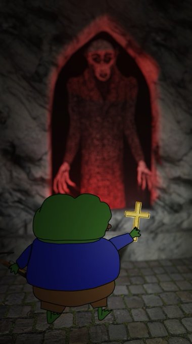A cartoon illustration shows a green-haired, blue-shirted character holding up a cross toward a tall, ominous red figure emerging from a dark doorway.