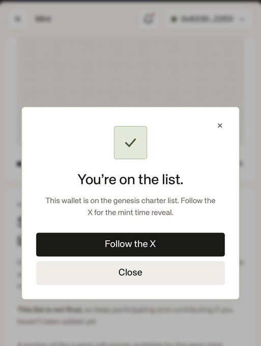 A confirmation modal displays "You're on the list." indicating the user's wallet is registered for the $RSV genesis charter mint, with options to "Follow the X" or "Close." The screenshot celebrates successful registration for the Standard RSV NFT mint event mentioned in the post.
