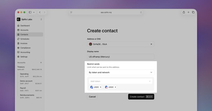 A Splits Labs web interface showing a 'Create contact' screen for the US offramp (Mercury) token, displaying financial balances such as Treasury ($845,348.10) and Operating ($52,234.44).