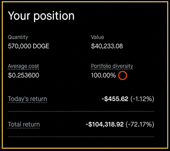 A dark-themed dashboard displays cryptocurrency portfolio information, showing 'Your position' for 570,000 DOGE valued at $40,233.08, with a total return of -$104,318.92 (-72.17%).