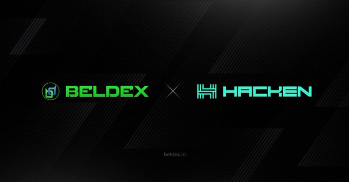 A promotional graphic with a dark background displays the logos 'BELDEX' in green and 'HACKEN' in cyan, separated by an 'X', with 'beldex.io' written below.