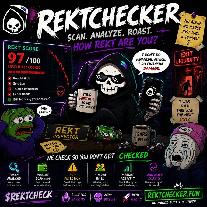 A dark, edgy promotional graphic titled "REKTCHECKER - SCAN. ANALYZE. ROAST. HOW REKT ARE YOU?" features a grim reaper character with pixel sunglasses holding a mug reading "YOUR PORTFOLIO IS MY ENTERTAINMENT," along with various crypto-related roasts and "REKTCHECKER.FUN NO MERCY. JUST THE TRUTH."