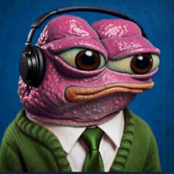 A pink, frog-like anthropomorphic figure with large brown eyes wearing black headphones, a white collared shirt, green tie, and green cardigan sweater against a blue background.