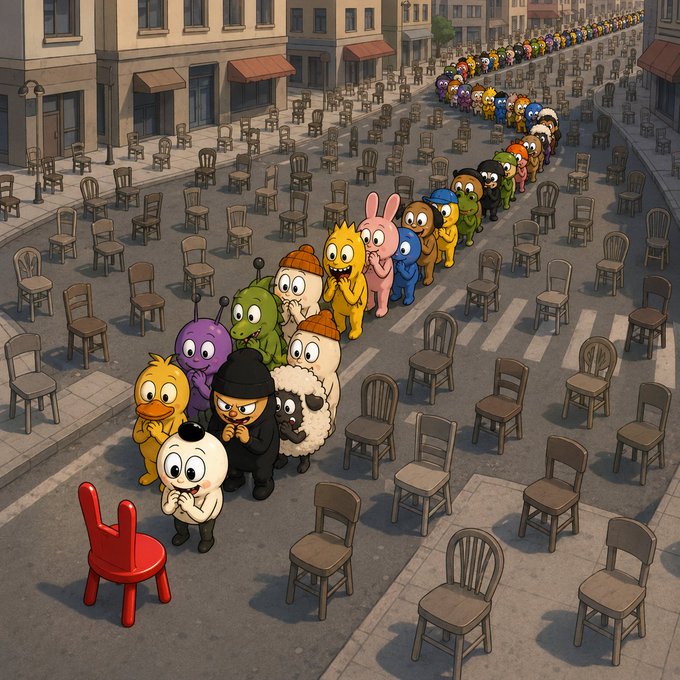 A 3D illustration of a long, winding line of various cartoon animal characters waiting on a city street surrounded by empty wooden chairs, with a small red chair at the front.