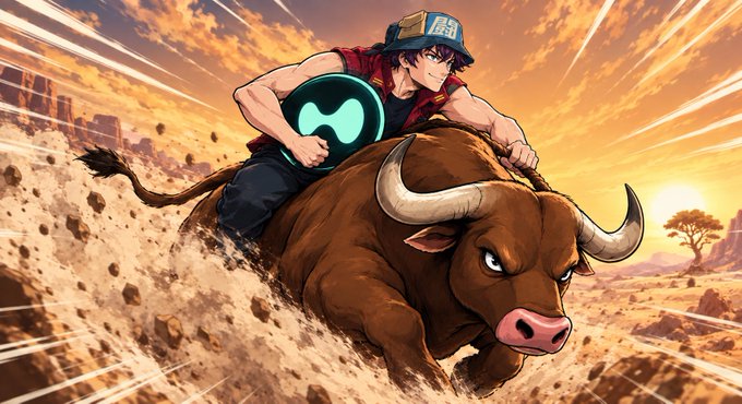 An anime-style illustration shows a character wearing a cap riding a charging brown bull while holding a glowing green emblem against a desert sunset.